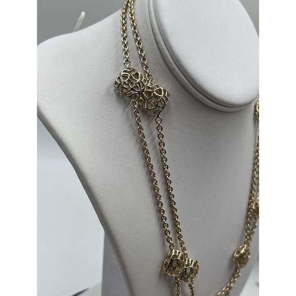 Kendra Scott “Devalyn" Puff Logo Medallion Gold Plated Long Station Necklace - Picture 4 of 12